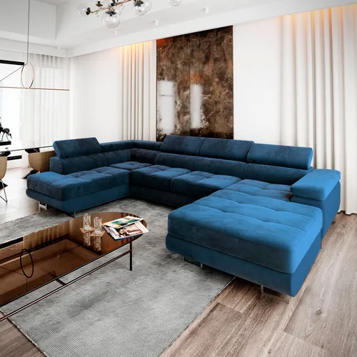 Masseno Ecksofa CASONE L-S mit Schlaffunktion - Modernes Ecksofa in Blau mit praktischer Schlaffunktion und Stauraum für Bettzeug – ideal für Gäste und eine stilvolle Wohnzimmereinrichtung.