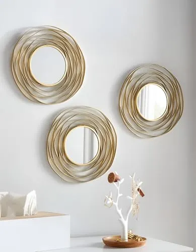 Dekoleidenschaft Rundes Spiegel-Set mit goldenem Metallrahmen, 3-teilig, dekorative Wanddeko für Wohnzimmer und Flur, modernes Design