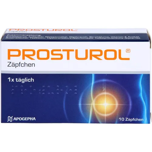 Prosturol Zäpfchen - Arzneimittel zur lindernden Behandlung von Stauungserscheinungen bei Prostatitis und gutartiger Prostatavergrößerung, mit natürlichen Inhaltsstoffen wie Kürbiskernen und Hyaluronsäure.