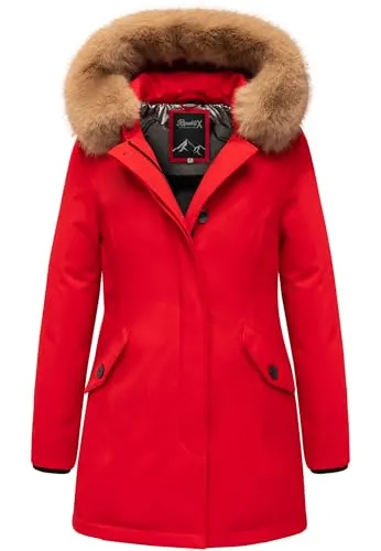 REPUBLIX Damen Gefütterte Winterjacke RJ-8012 Rot M - Elegante Damen Winterjacke von REPUBLIX, gefertigt aus pflegeleichtem Polyester. Mit Kunstfellkragen und Kapuze für zusätzlichen Wetterschutz. Praktische Reißverschlusstaschen bieten sicheren Stauraum. Ideal für Alltag und Freizeit.