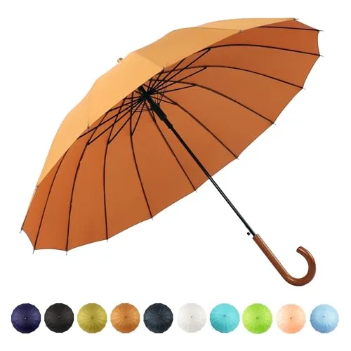 SoulRain 16 Rippen 121,9 cm Stockschirm, automatisch, einfarbig, modisch, bogenförmiger Holzgriff, winddicht, unzerbrechlich, Regenschirm (orange)