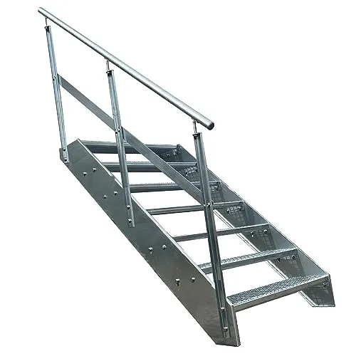 Kaminbau Mierzwa Premium Stahl Treppe Geländer Links Verzinkt 7 Stufen (Breite wählbar) (Höhe 133 cm) Wetterfest Gitterroststufe Gartentreppe (800 mm)