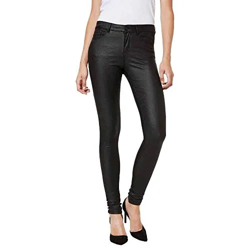 VERO MODA Damen Hose 10138972 - Stylische Kunstlederhose in Schwarz - Damen-Jeanshosen mit glänzender Optik, Slim Fit und praktischen Taschen für einen trendigen Look.