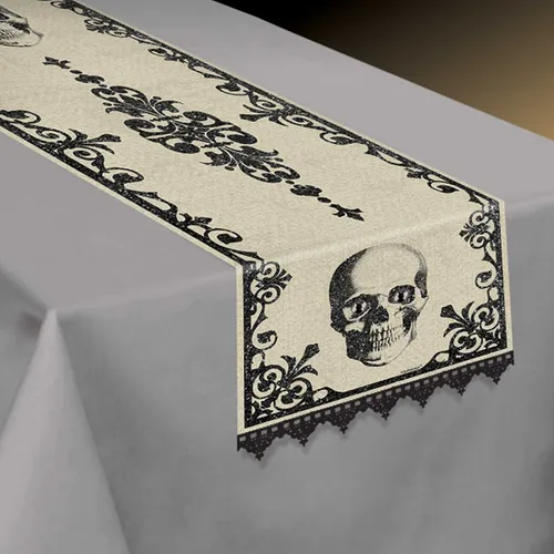 Tischläufer * TOTENKOPF * Deko Halloween 35x180cm mit schwarzen Glitzersteinen