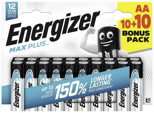 Energizer Max Plus Mignon (AA) - 20 Stück Alkali-Mangan Batterien, langanhaltende Power mit 12 Jahren Lagerfähigkeit und auslaufsicherer Konstruktion