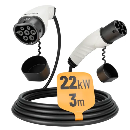 ABSINA Typ 2 Ladekabel 22kW & 32A - 3 Meter für Elektroautos - Wallboxen - Flexibles 3-phasiges Laden für alle Typ 2 Elektrofahrzeuge, wetterfest mit IP55-Zertifizierung und langlebig mit 10.000 Steckerzyklen.