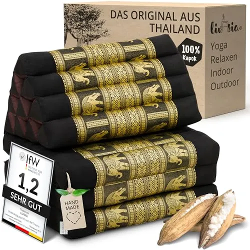 livasia Thaikissen 3 Auflagen - Handgefertigtes Dreieckskissen aus Thaiseide - Erlebe Entspannung mit dem livasia Thaikissen! Faltbare 3 Auflagen für vielseitige Nutzung – ideal zum Relaxen, Yoga oder Meditieren. Handgefertigt aus Kapok und Baumwolle, bietet es Komfort und Nachhaltigkeit.