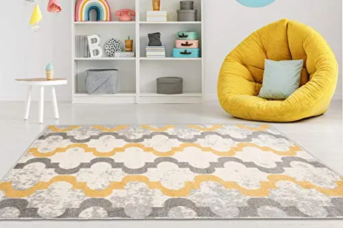 Carpeto Rugs Teppich Wohnzimmer Kurzflor Grau Modern Geometrisch Rauten Muster Marokkanisches Design - Niedrigflor Teppich für Wohnzimmer Jugenzimmer Kinderzimmer Grau Gelb 160 x 220 cm