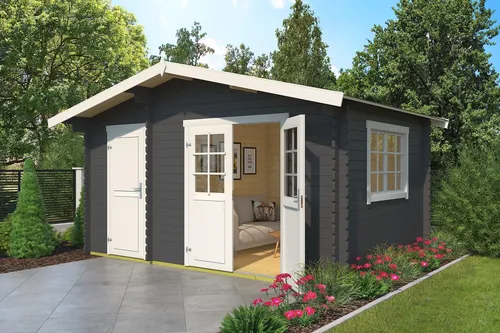 Gartenhaus Outdoor Life Keila mit Fußboden 475,9 x 350 cm - Gartenhaus mit Satteldach in Anthrazit, aus hochwertigem Holz, ideal für Gartenlagerung und Freizeitgestaltung.