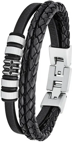 s.Oliver Herren Armband aus Edelstahl und Leder - Armschmuck in Bijouterie, stylisches mehrreihiges Design mit Edelstahlbeads und geflochtenem Leder, ideal als Geschenk für besondere Anlässe