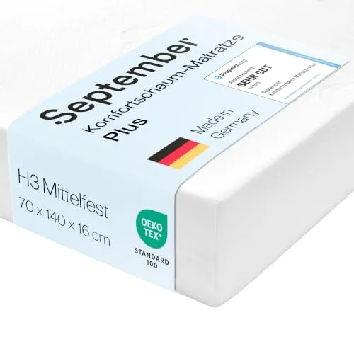 September – Matratze 7 Zonen Komfortschaum Plus 70x140 cm mit 16 cm Höhe – Komfortschaummatratze mittelfester Härtegrad H3 für Betten – Oeko-TEX® Standard 100 Zertifiziert – Bezug bei 60°C waschbar