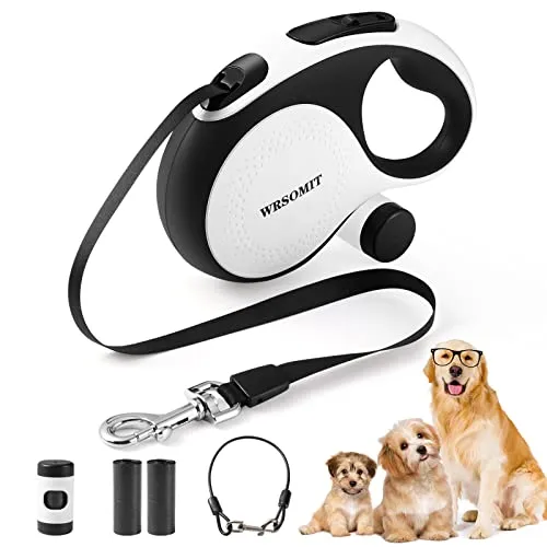 WRSOMIT Einziehbare Hundeleine mit kaufestem Kabel, 7,8 m, robuste Hundeleine für kleine, mittelgroße und große Hunde bis zu 50 kg, 360° kein Verheddern, Einhandbremse, Weiß