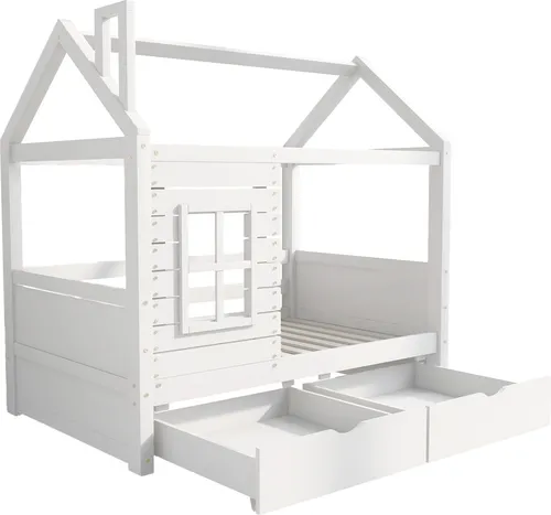 Kinderbett mit 2 Schubladen und Lattenrost, 80x160 cm, Hausbett mit Rausfallschutz