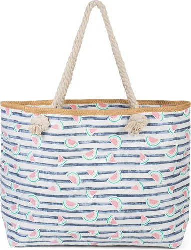 styleBREAKER Damen XXL Strandtasche mit Melonen Print - Damen-Shopper mit großem Hauptfach und fruchtigem Melonen Print, ideal für Strand und Einkauf. Maße: 59 x 38 x 15 cm, inklusive Reißverschluss und Innenfach.