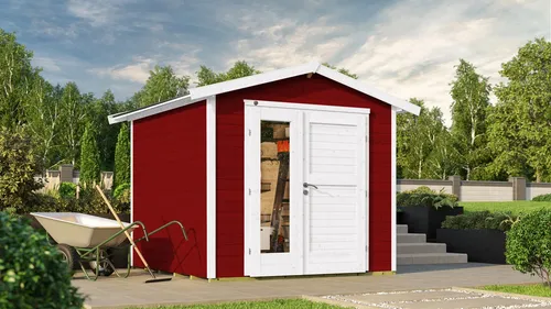 Gartenhaus weka 224 A Gr. 2 mit Fußboden - Hochwertiges Gartenhaus (280 x 263 cm) aus Holz mit Satteldach und roter Farbe, ideal für die Aufbewahrung von Gartenutensilien und als gemütlicher Rückzugsort.