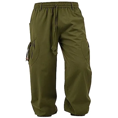 Kunst und Magie Unisex Goa Pluderhose Pumphose Freizeithose Cargohose Baumwolle, Größe:S/M, Farbe:Army Green