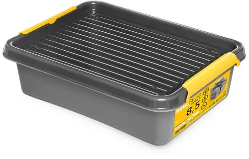 KONZEPT Aufbewahrungsbox mit Deckel 8 L – inkl. beschriftbaren Etiketten, aus hochwertigem Kunststoff, stapelbar und stabilen Verschlussclips, ideal für Keller, Werkstatt, Garage