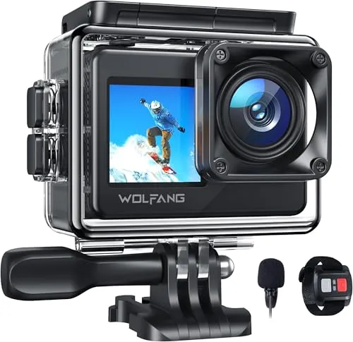WOLFANG GA120 Action Cam 4K 20MP WiFi, Unterwasserkamera 40M Wasserdicht Kamera, 170° Weitwinkel Dual Screen Vlogging Kamera mit EIS Bildstabilisierung, Helmhalterung Zubehör Kits