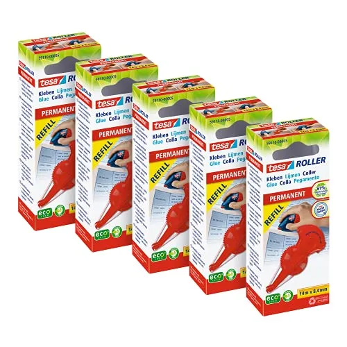 tesa Kleberoller permanent Nachfüllkassette im 5er Pack - Extra stark - Refill für den tesa Kleberoller - je 14 m x 8,4 mm - Multipack mit 5 Kassetten