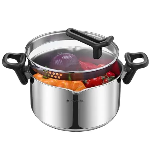 Navaris Edelstahl Kochtopf 5,3L - Induktionstopf mit integriertem Sieb - Kochtöpfe mit 5,3L Volumen und integriertem Sieb im Deckel für einfaches Abgießen, ideal für Rechts- und Linkshänder. Spülmaschinenfest und für alle Herdarten geeignet.