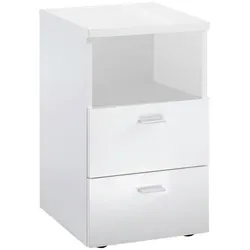 Carryhome Nachtschrank FMD Colima 1 UP - Schlafzimmer Nachttisch in Weiß Hochglanz, mit 2 praktischen Schubladen für zusätzlichen Stauraum, Made in Germany