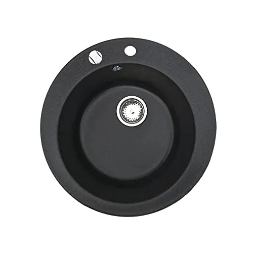 Manestein Granit Spülbecken, 1 Becken, Ø 49 cm - Graphit-Schwarz - Küchenspüle aus 80% Quarzsand, fleckenbeständig und pflegeleicht, ideal für moderne Küchen mit einfacher Montage.