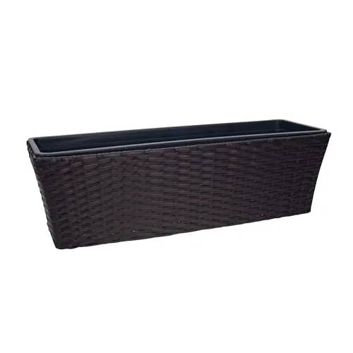 Balkonkasten mit Halterung in Rattan-Optik | ca. 60 cm | ca. 11 Liter Fassungsvolumen | ohne Wasserspeicher | inkl. Pflanzschale | hochwertiger Kunststoff | zum Hängen oder Hinstellen (1, braun)