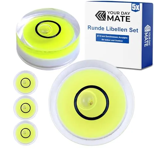 Runde Libellen Set, 5 Stück, mit Ø 12 mm Durchmesser, Wasserwaage mit Luftblase, kleine Libellen Wasser Waage, Nivellierung, Mini Dosenlibelle für Wohnwagen, Kamera, Heimwerker, Spirit Level Bullseye