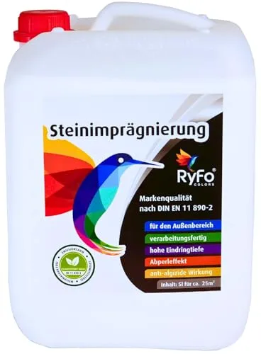 RyFo Colors Steinimprägnierung 5l - Effektive Steinversiegelung für drinnen und draußen - Wasserfeste Steinimprägnierung mit Langzeitschutz für alle saugfähigen Oberflächen. Verarbeitungsfertig und einfach anzuwenden – verstärkt die Farbe und Struktur des Steins. Ideal für schmutzabweisenden Schutz im Außenbereich.