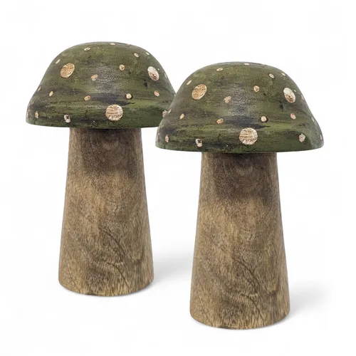 Mango Holz Fliegen Pilz Figur 12 cm 2er Set - Herbst Wald Weihnachten Tisch Deko