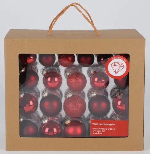 Glas-Weihnachtsbaumkugeln 42er-Set in verschiedenen Größen - Festlicher Baumschmuck für Weihnachten: 42 hochwertige, runde Glas-Kugeln in Rot. Perfekt für eine stilvolle und einladende Weihnachtsdekoration.