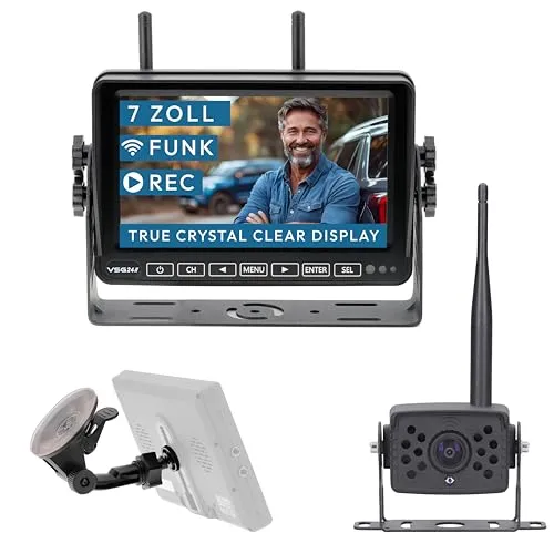 VSG24 7“ Element Wired HD Funk Rückfahrsystem - Rückfahrkamera Set für Wohnmobile & LKW mit stabiler 21 Meter Digital Funk Übertragung, ideal für sicheres Rangieren und einfache Nachrüstung.