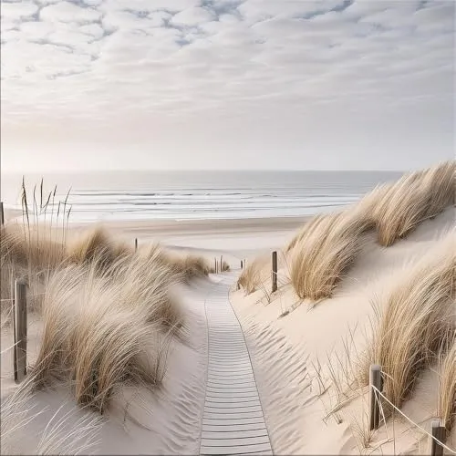 artissimo Glasbild 50x50cm - Weg zum Meer mit Strandgräsern - Bilder im zeitgenössischen Fotografie-Stil, ideal für die Indoor-Dekoration. Diese quadratische Kunst bringt die Ruhe des Strandes in Ihr Zuhause.