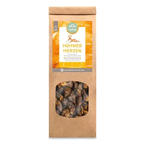 naftie Kausnacks Hühnerherzen getrocknet - für artige Hunde - eiweißreich viel Taurin - Kauartikel Leckerlis - Training & Belohnung - 250g
