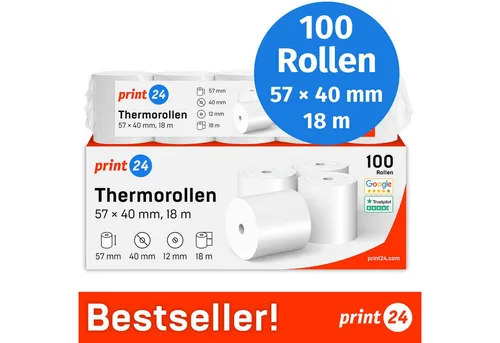 print24 Endlospapier Thermorollen 57mm, 18m – Ideal für Kassensysteme