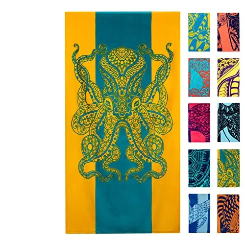 Nova Blue Octopus Strandtuch (34x63) - Orange & Blaugrün Farbgebung mit tropischem Design Reise Strandtuch aus 100% Baumwolle - Lebendiges buntes Deckenhandtuch - Strandtuch für Erwachsene