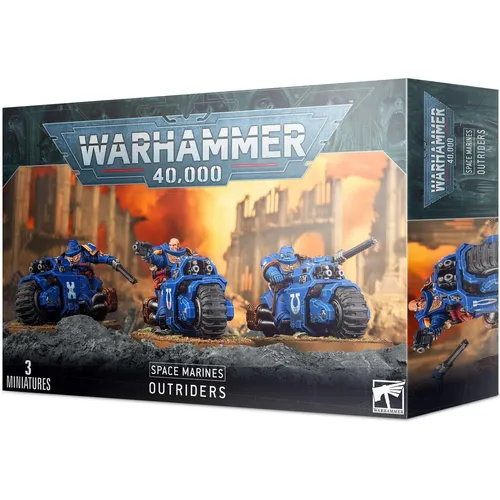 Warhammer 40.000 - Space Marines Outriders - 40K Miniaturen Set mit 3 leicht zusammenbaubaren Space Marines, ideal für Sammler und Spieler, inklusive Transferblatt und ohne Klebstoff notwendig.
