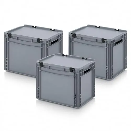 X AUER Eurobehälter mit Schanierdeckel ED 43/32 - 40 x 30 x 33,5 cm, Grau - Praktischer Eurobehälter mit Scharnierdeckel (30 Liter) für sicheren Transport und Lagerung. Stapelbar, hygienisch und aus robustem PP-Material – ideal für effiziente Organisation im Betrieb.