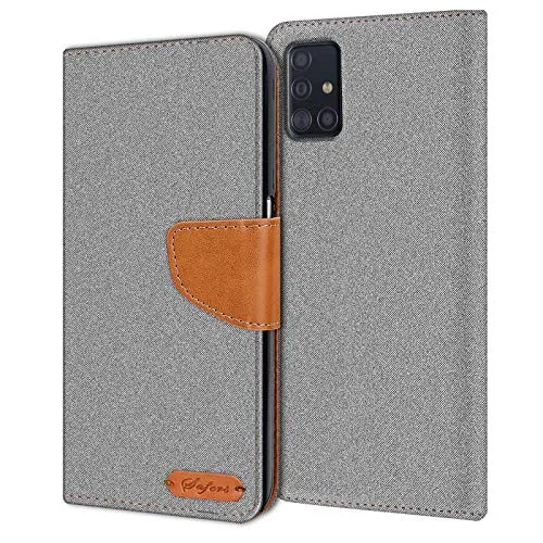 CoolGadget Handyhülle Stoff für Samsung Galaxy A51 Textil Wallet Case, Stoff-Design mit Magnetverschluss & Kartenfächern, kompatibel mit Samsung Galaxy A51 (6,5 Zoll), Grau