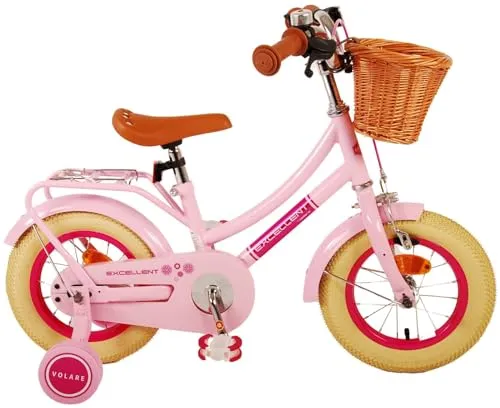 Volare Excellent Kinderfahrrad - 12 Zoll - Rosa für Mädchen - Straßenfahrrad für Kinder mit geschlossenem Kettenschutz und abnehmbaren Stützrädern, ideal zum schnellen Lernen. Praktischer Korb und doppelte Bremsen sorgen für Sicherheit und Komfort.