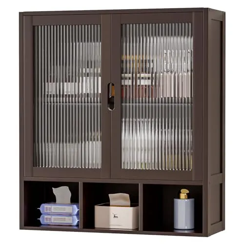 Yorbay Hängeschrank für Badezimmer mit Milchglastüren - Hängeschrank fürs Bad, platzsparend und vielseitig einsetzbar, ideal für kleine Räume mit 2 Milchglastüren und offenem Fach für einfachen Zugriff auf Ihre Badutensilien.