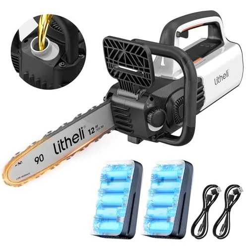 Litheli Akku Kettensäge 30 cm, Bürstenloser Motor, Automatische Kettenschmierung, Inklusive 2×10.000 mAh Akkus, Ideale Motorsäge für Holzarbeiten, Gartenpflege und Baumschnitt