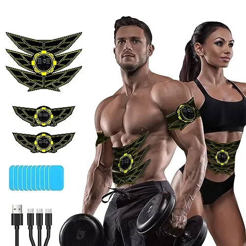 SEVEKO EMS Bauchmuskeltrainer Bauchtrainer, Bauchmuskeltrainer, Sicher Effektiv Schneller EMS Trainingsgerät, Ganzkörper-Muskeltrainer, 8 Modi und 15 Intensitäten, 10 Stück Ersatz-Hydrogels (Gelb)