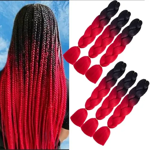 Kunsthaar zum einflechten rot haare zum einflechten 24 inch 6 Bundles Jumbo Braids Hair Extensions for box braids Crochet Hair Schwarz-Rot