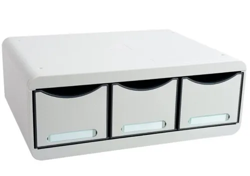 Exacompta 318740D Toolbox Office - Praktische Ablagebox mit 3 Schubladen für kleine Büro-Utensilien. Ideal für mehr Platz auf dem Schreibtisch, stapelbar und robust in lichtgrau.