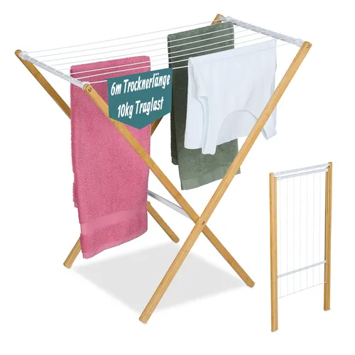 relaxdays Klappbarer Wäscheständer aus Holz und Weiß - Standtrockner mit 8 Stangen für viel Trockenlänge auf kleiner Stellfläche, ideal für kleine Wohnungen. Faltbar und platzsparend, aus dekorativem Bambus und Metall.