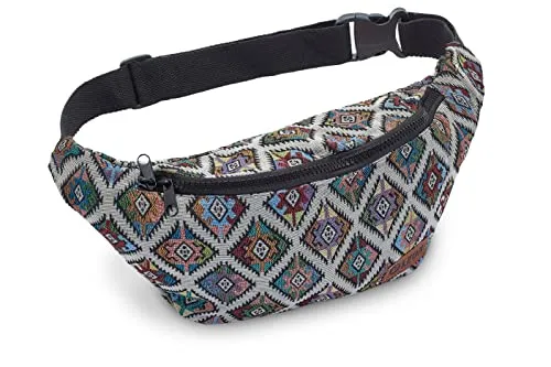 Leon Gürteltasche Bauchtasche Hüfttasche 100% Baumwolle Fanny Pack Belly Belt Moon Bag Bumbag Boho Hippie Tribal (GT Bunte Raute ZikzakBeige)