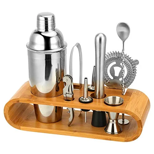 Hochwertiges Cocktailshaker Set, Cocktailmixer Set, 10 Teileig, aus Edelstahl, mit Bambus-Aufbewahrung, inkl. Cocktail-Shaker, Messbecher, Ausgießer, Bar Stößel, Bar Löffel, Eiszange, Öffner, Barmaß