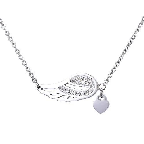 Morella Damen Halskette Engelsflügel Herz mit Flügel Anhänger Zirkoniasteine Edelstahl Silber im Samtbeutel