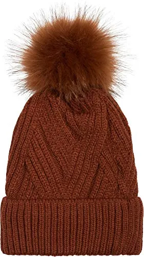 styleBREAKER Damen Strick Bommelmütze mit Rippenstrick Muster und Fleece Futter, Winter Fellbommel Mütze 04024167, Farbe:Cognac
